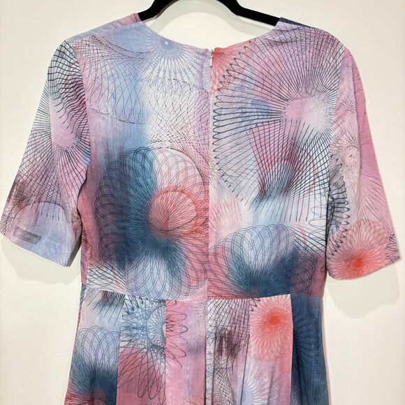 Jigsaw Spiro Print Silk Dress 4 Pastel Pink Blue A-line Flowy Airy Romantic Tea - Picture 6 of 12